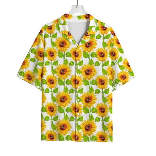 White Watercolor Sunflower Pattern Print Rayon Hawaiian Shirt