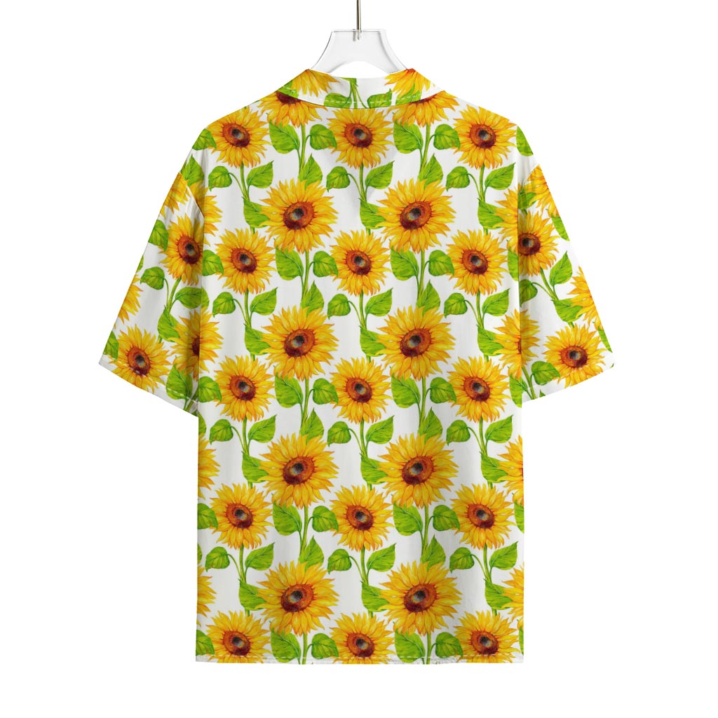 White Watercolor Sunflower Pattern Print Rayon Hawaiian Shirt