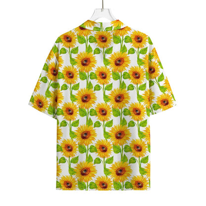 White Watercolor Sunflower Pattern Print Rayon Hawaiian Shirt