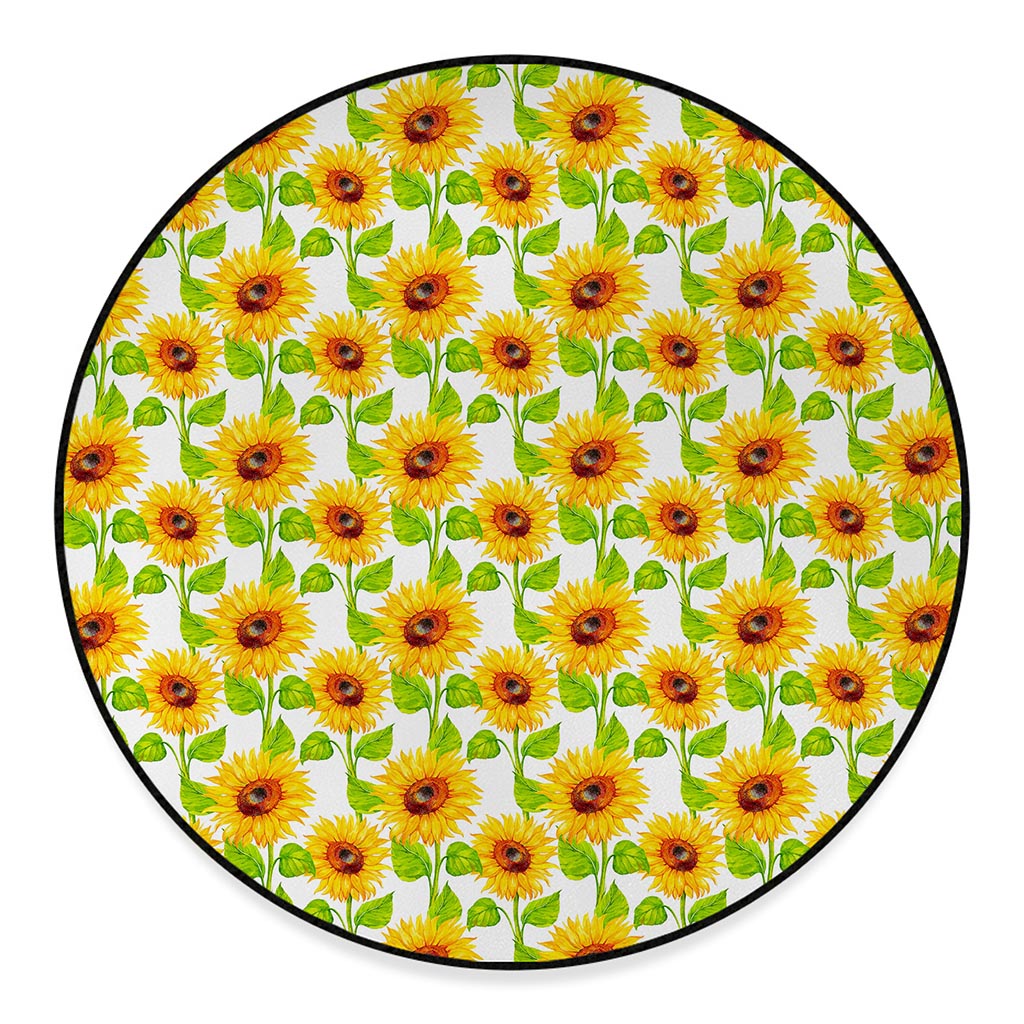 White Watercolor Sunflower Pattern Print Round Floor Mat