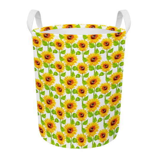 White Watercolor Sunflower Pattern Print Round Laundry Basket