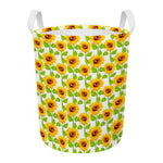 White Watercolor Sunflower Pattern Print Round Laundry Basket