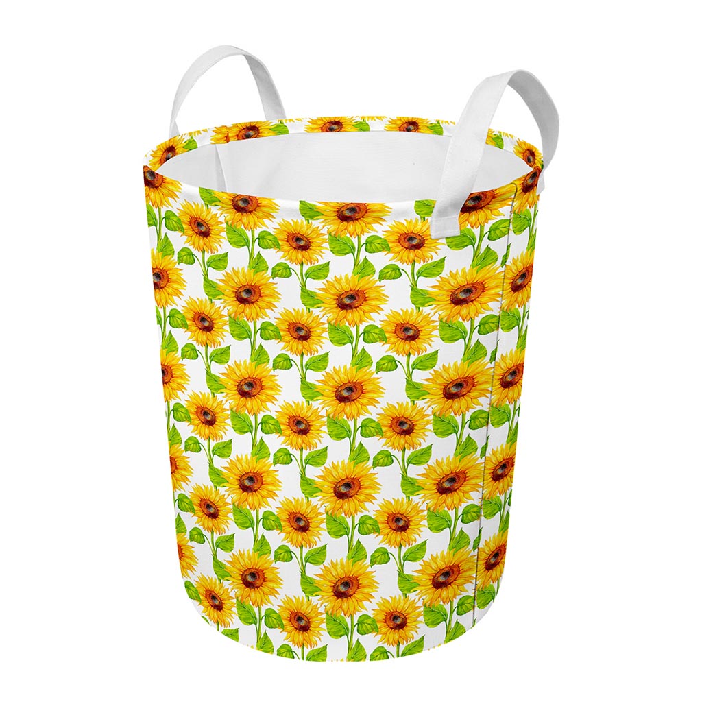White Watercolor Sunflower Pattern Print Round Laundry Basket