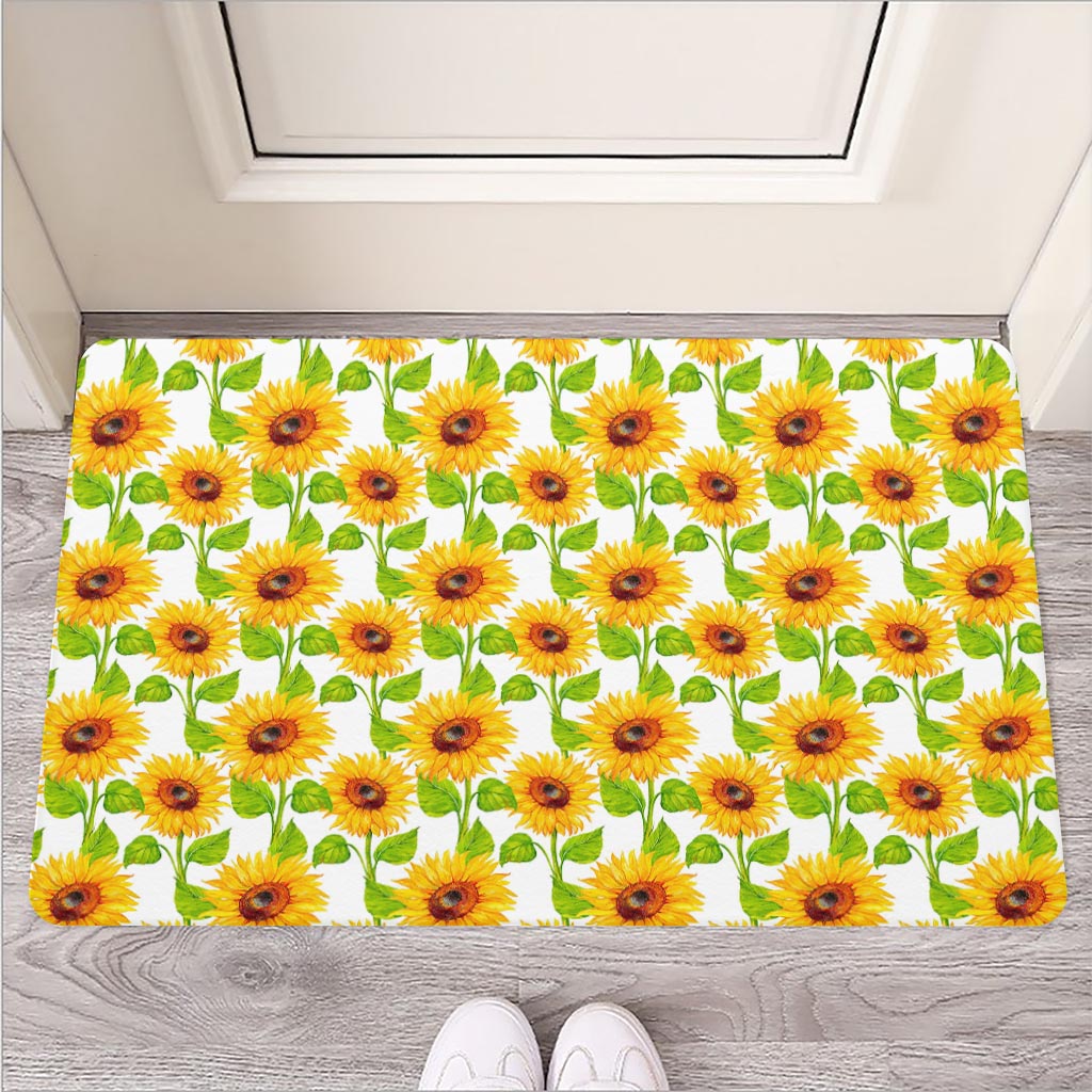 White Watercolor Sunflower Pattern Print Rubber Doormat