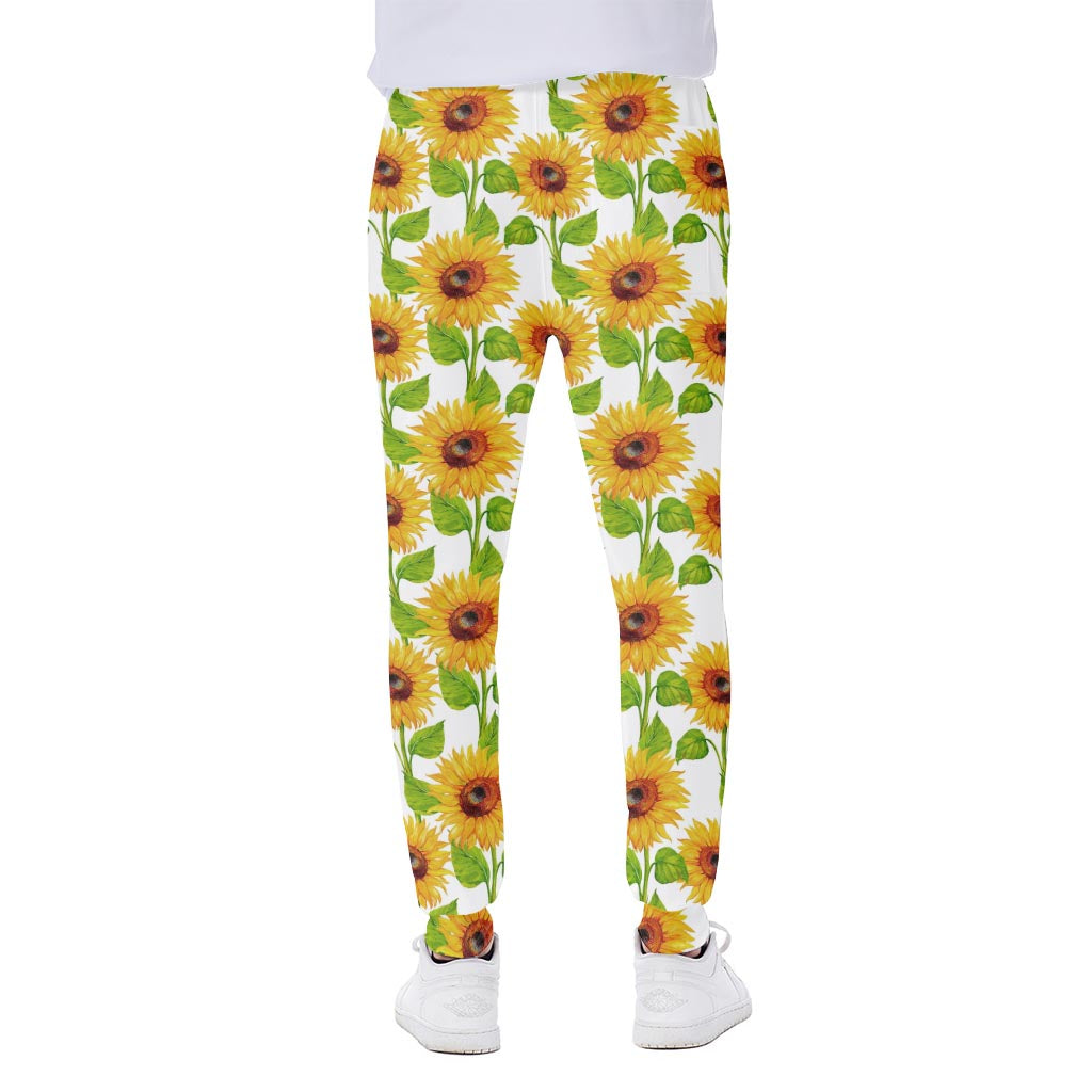 White Watercolor Sunflower Pattern Print Scuba Joggers
