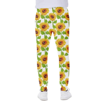 White Watercolor Sunflower Pattern Print Scuba Joggers