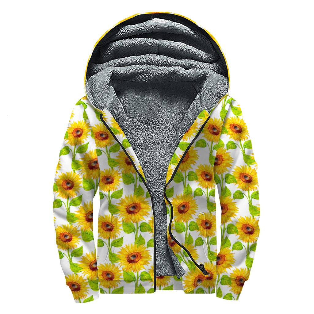 White Watercolor Sunflower Pattern Print Sherpa Lined Zip Up Hoodie