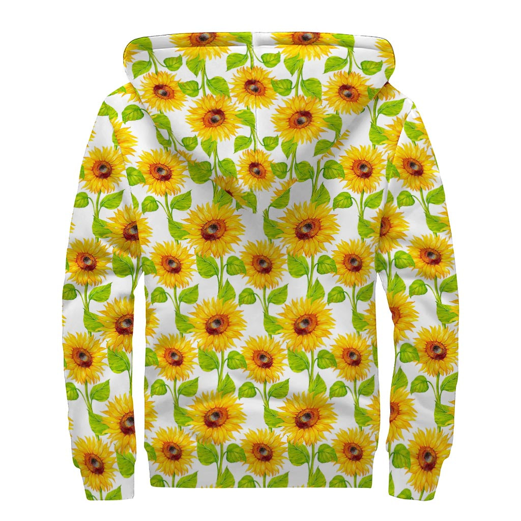 White Watercolor Sunflower Pattern Print Sherpa Lined Zip Up Hoodie