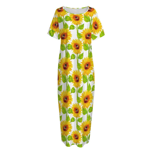 White Watercolor Sunflower Pattern Print Short Sleeve Long Nightdress