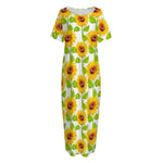 White Watercolor Sunflower Pattern Print Short Sleeve Long Nightdress