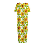 White Watercolor Sunflower Pattern Print Short Sleeve Long Nightdress