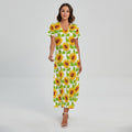 White Watercolor Sunflower Pattern Print Short Sleeve Maxi Dress