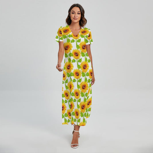 White Watercolor Sunflower Pattern Print Short Sleeve Maxi Dress