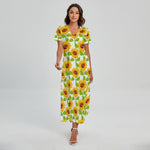 White Watercolor Sunflower Pattern Print Short Sleeve Maxi Dress