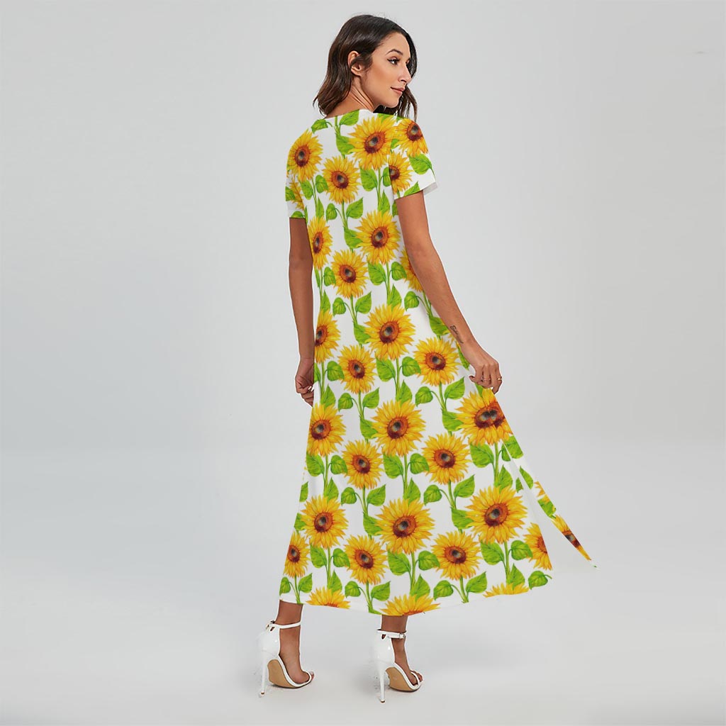 White Watercolor Sunflower Pattern Print Short Sleeve Maxi Dress