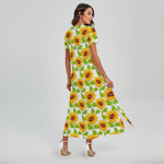 White Watercolor Sunflower Pattern Print Short Sleeve Maxi Dress