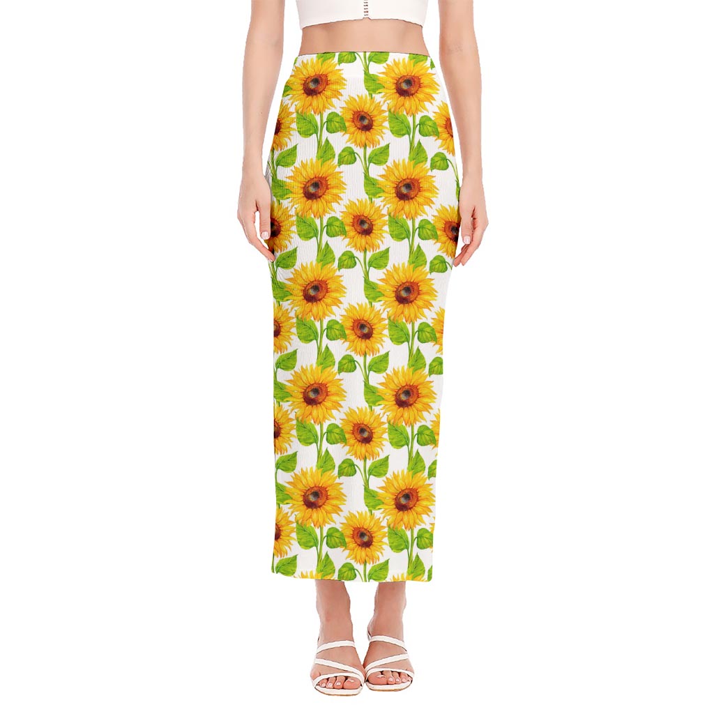 White Watercolor Sunflower Pattern Print Side Slit Maxi Skirt