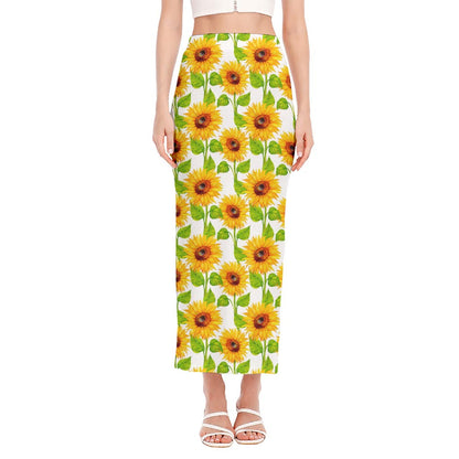 White Watercolor Sunflower Pattern Print Side Slit Maxi Skirt