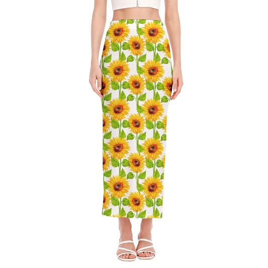 White Watercolor Sunflower Pattern Print Side Slit Maxi Skirt