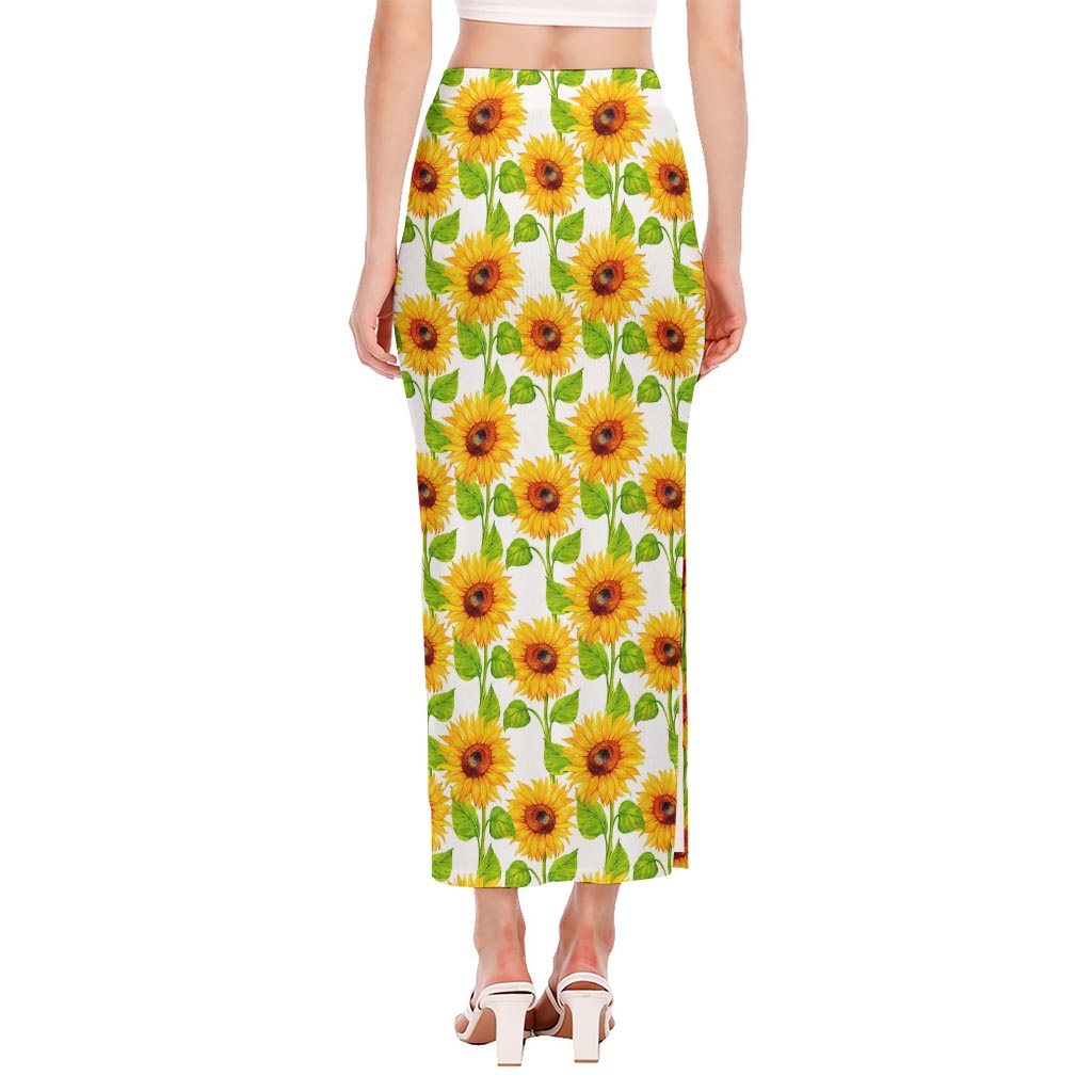 White Watercolor Sunflower Pattern Print Side Slit Maxi Skirt