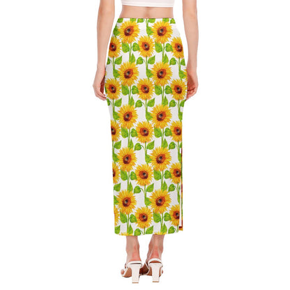 White Watercolor Sunflower Pattern Print Side Slit Maxi Skirt
