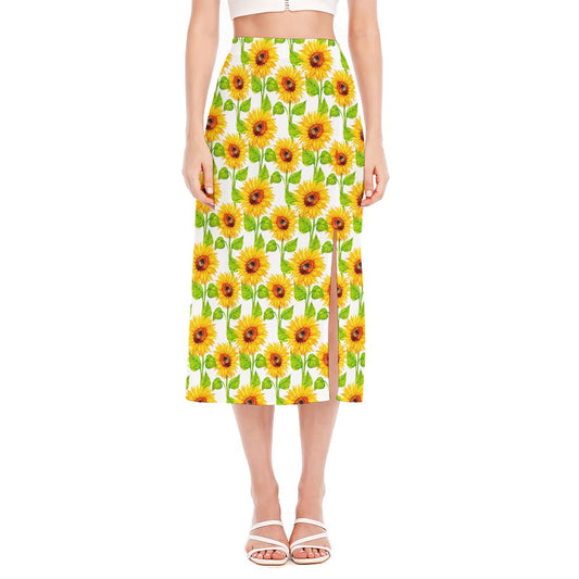 White Watercolor Sunflower Pattern Print Side Slit Midi Skirt