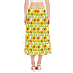 White Watercolor Sunflower Pattern Print Side Slit Midi Skirt