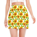 White Watercolor Sunflower Pattern Print Side Slit Mini Skirt