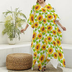 White Watercolor Sunflower Pattern Print Silk V-Neck Kaftan Dress
