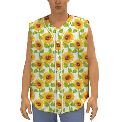 White Watercolor Sunflower Pattern Print Sleeveless Baseball Jersey