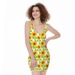 White Watercolor Sunflower Pattern Print Sleeveless Bodycon Dress