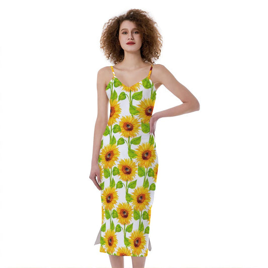 White Watercolor Sunflower Pattern Print Slim Fit Midi Cami Dress