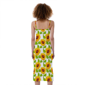 sunflower print midi dress White Watercolor Sunflower Pattern Print Slim Fit Midi Cami Dress