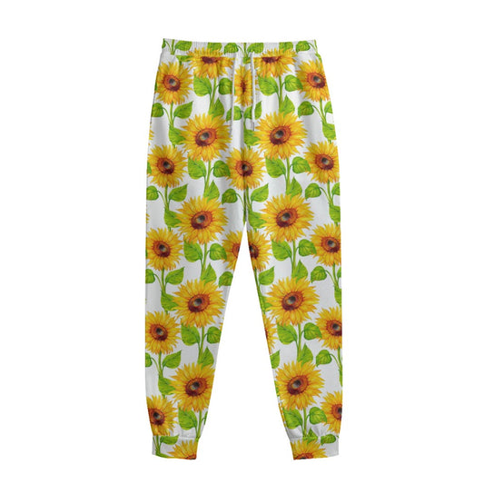 White Watercolor Sunflower Pattern Print Sweatpants