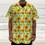 White Watercolor Sunflower Pattern Print Textured Short Sleeve Shirt