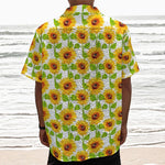 White Watercolor Sunflower Pattern Print Textured Short Sleeve Shirt