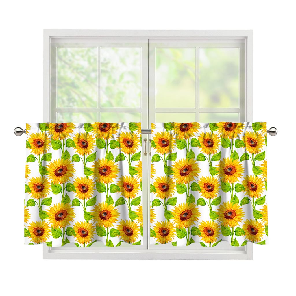 White Watercolor Sunflower Pattern Print Tier Curtains