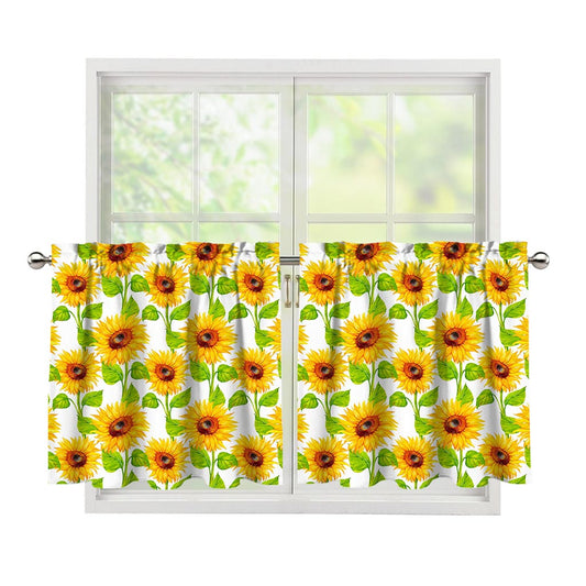 White Watercolor Sunflower Pattern Print Tier Curtains