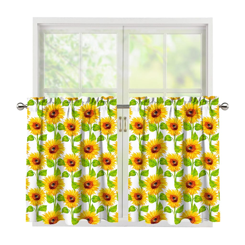 White Watercolor Sunflower Pattern Print Tier Curtains
