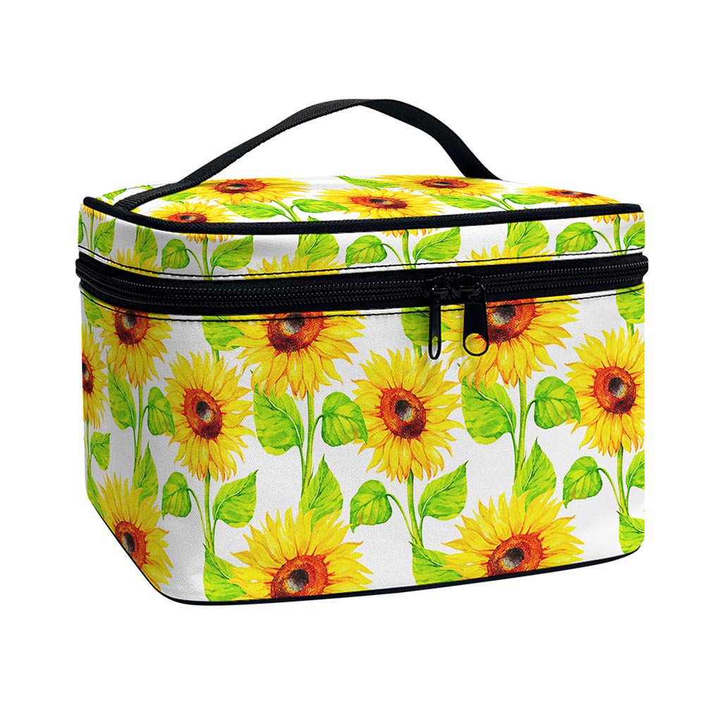 White Watercolor Sunflower Pattern Print Travel Makeup Bag