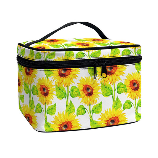 White Watercolor Sunflower Pattern Print Travel Makeup Bag