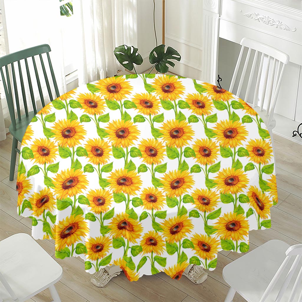White Watercolor Sunflower Pattern Print Waterproof Round Tablecloth
