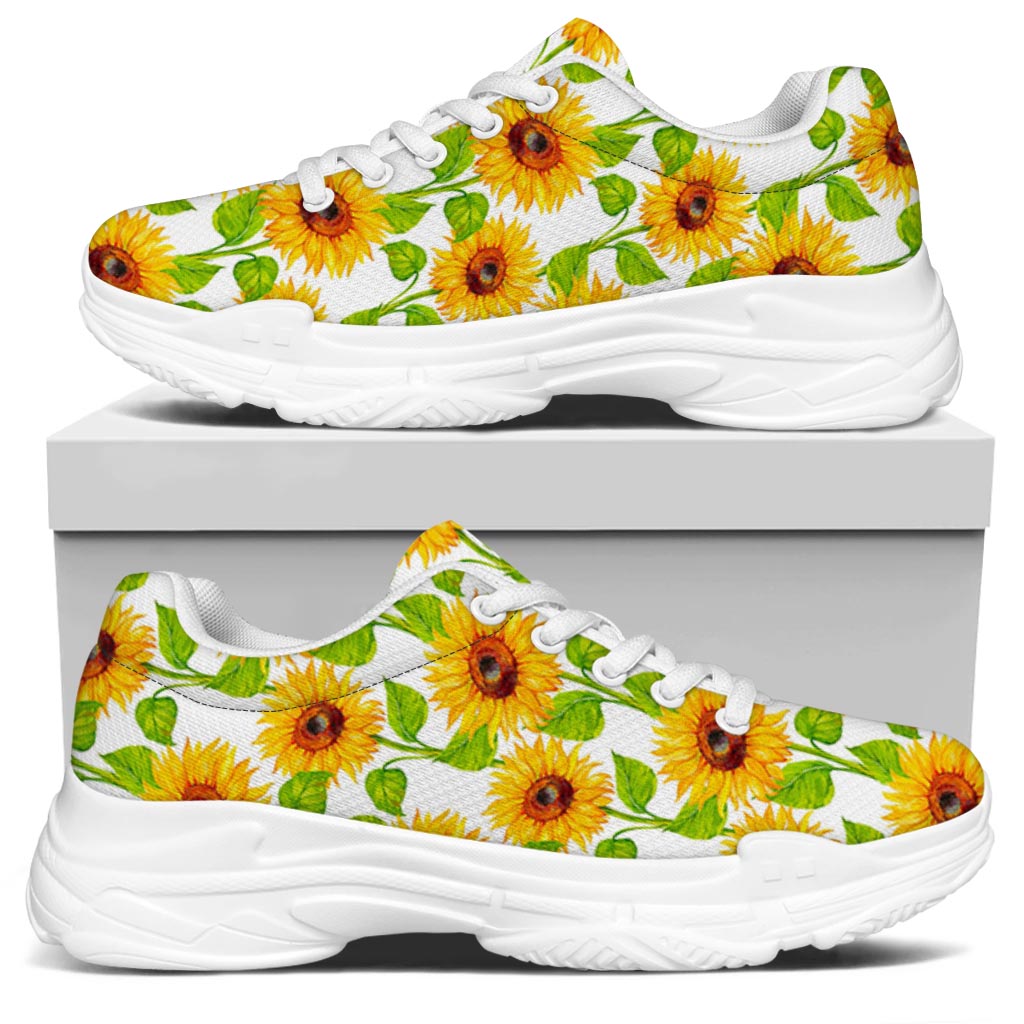 White Watercolor Sunflower Pattern Print White Chunky Shoes