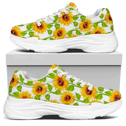 White Watercolor Sunflower Pattern Print White Chunky Shoes