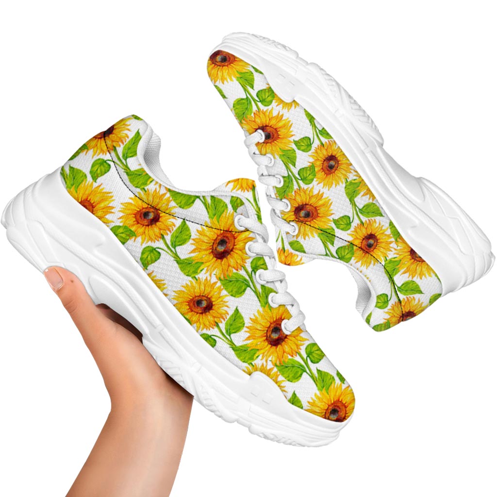 White Watercolor Sunflower Pattern Print White Chunky Shoes