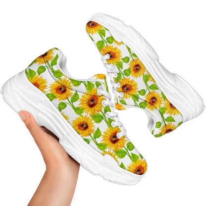 White Watercolor Sunflower Pattern Print White Chunky Shoes