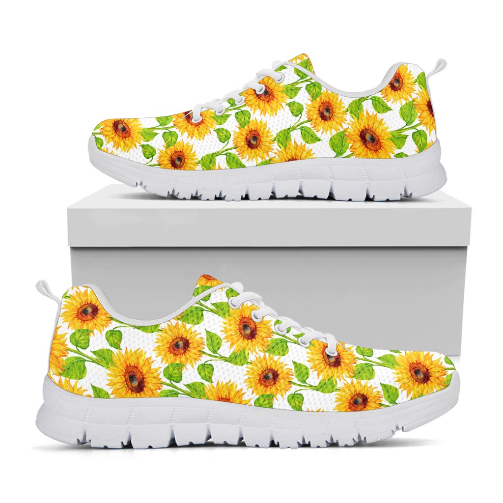 White Watercolor Sunflower Pattern Print White Running Shoes