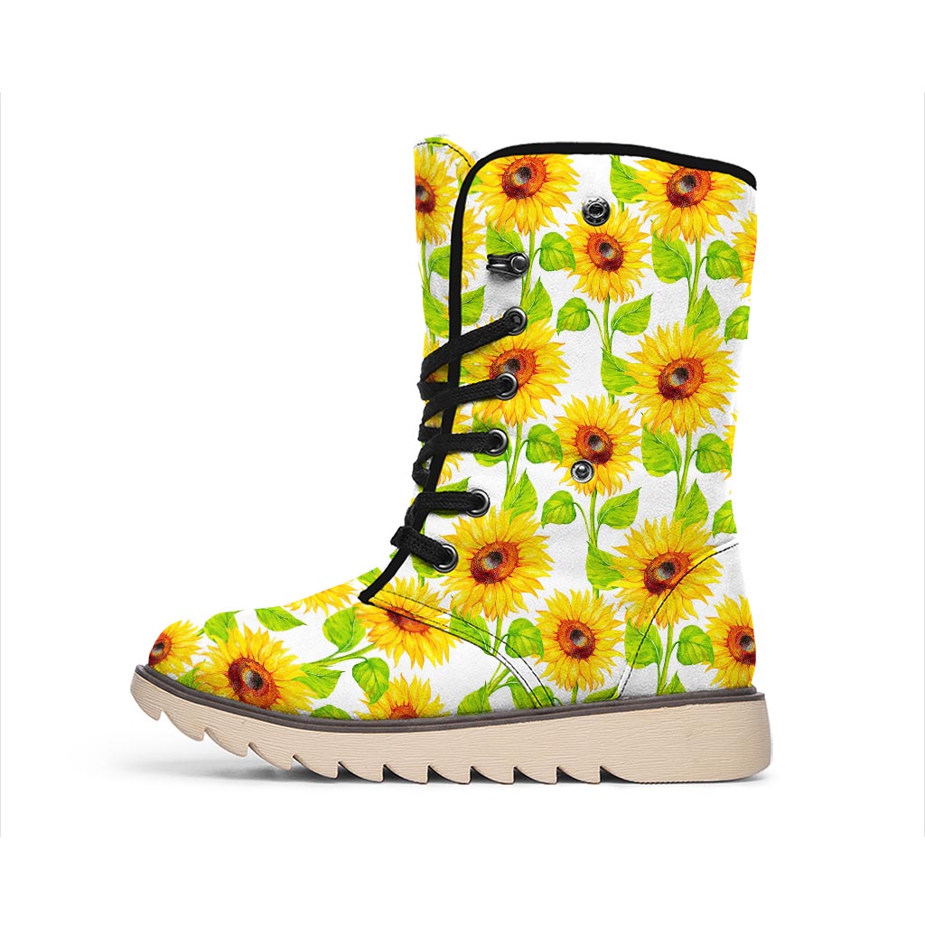 White Watercolor Sunflower Pattern Print Winter Boots