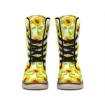 White Watercolor Sunflower Pattern Print Winter Boots