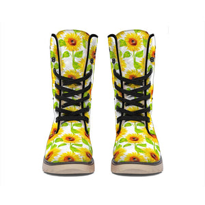 White Watercolor Sunflower Pattern Print Winter Boots